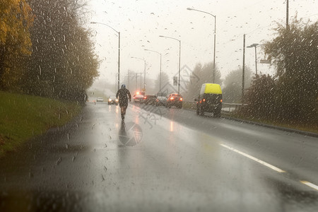 下雨时的路边景象图片