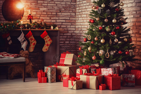 圣诞礼物袜子圣诞树下的圣诞礼物背景