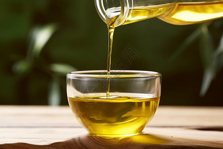 新鲜压榨橄榄油将橄榄油从瓶子倒入小碗背景