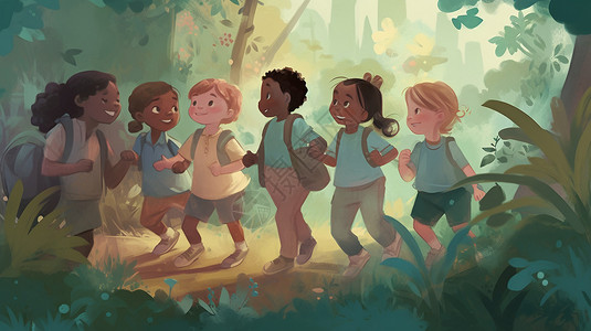 森林里一起玩耍的儿童背景图片