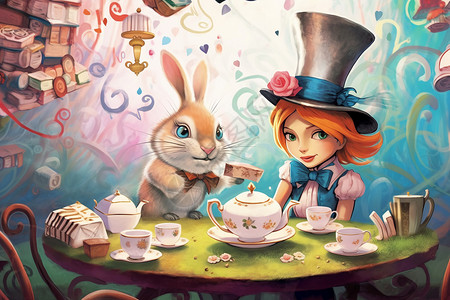茶台茶海卡通的于海和兔子厨具插画