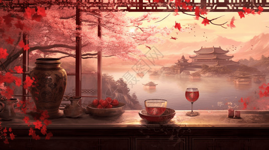 樱花酒现代红酒杯下的古风山水背景插画
