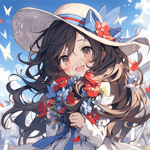 夏季可爱太阳帽卡通美丽抱着捧花的可爱的女孩插画