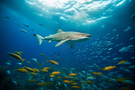 深海下的鲸鲨和鱼群图片