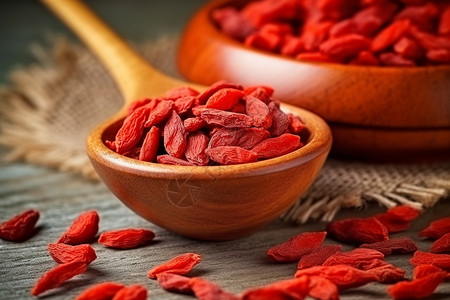 精品红色干枸杞浆果在木勺里图片
