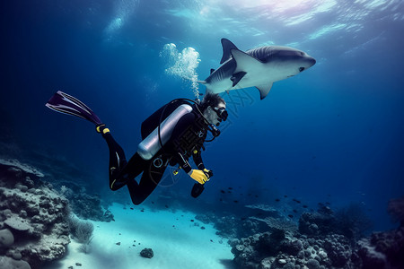 海洋中的潜水员与鲨鱼高清图片