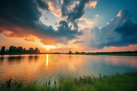 夕阳下湖泊的自然风光图片
