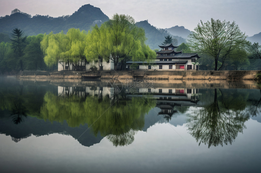 乡村和湖泊风景图片