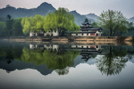 乡村和湖泊风景图片