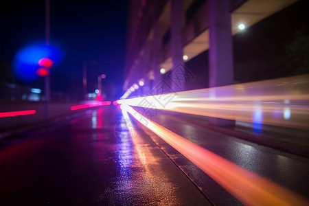 夜间道路上灯光模糊背景图片