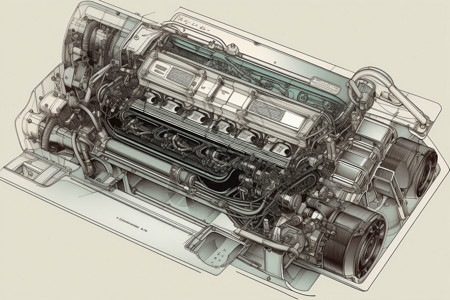 科技图纸汽车发动机缸体图插画