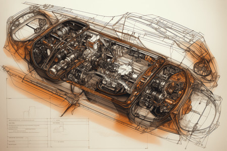 科技图纸汽车系统内部细节图插画