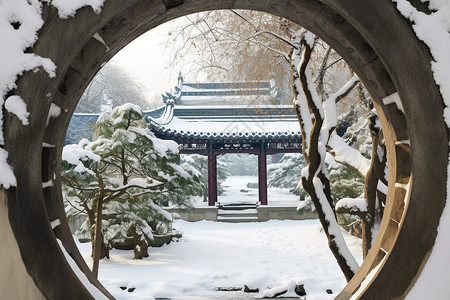 江南园林冬季景观背景图片