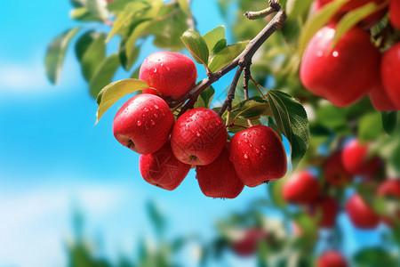 阳光果园挂满鲜红苹果的果树背景