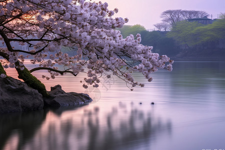 春天湖边的树背景图片