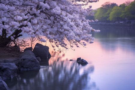 江边的樱花树图片