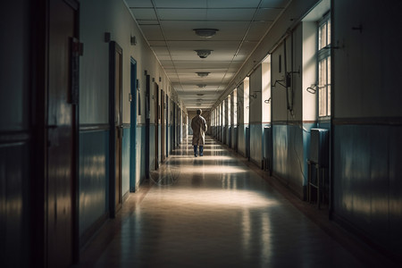 病区空荡荡的医院走廊和医生背景