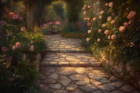 浪漫玫瑰花园插画高清图片