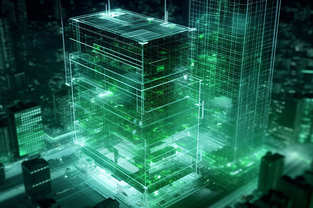 新摩天大楼的绿色技术全息模型图片
