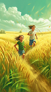 两个孩子在麦田里奔跑图片