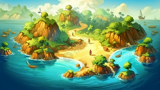 越南天堂岛海上小岛卡通插画