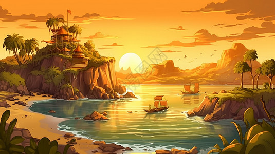 越南天堂岛落日海洋的小岛插画