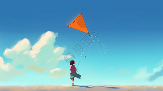 一个孩子在大风天放风筝高清图片