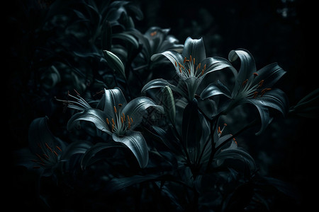 黑夜森林里的百合花背景图片