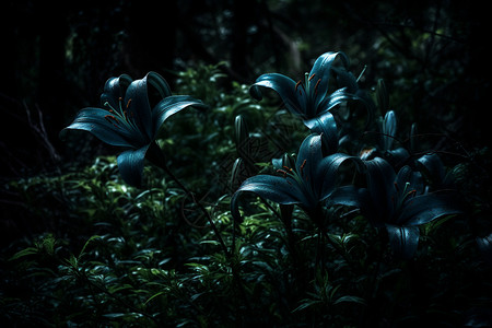 夜晚蓝色花朵黑暗森林里的野百合背景