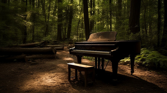 放置在树林里的三角钢琴图片