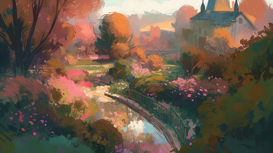 小粉红色花莫奈花园的迷人景色插图场景插画
