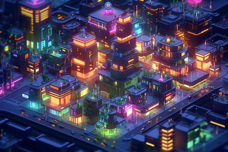 科技建筑群霓虹城市插画