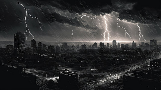 城市闪电风暴在城市天际线上空盘旋插画