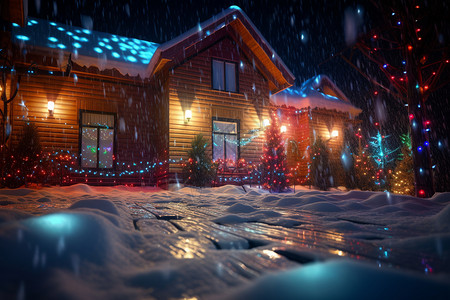 雪中的圣诞木屋背景