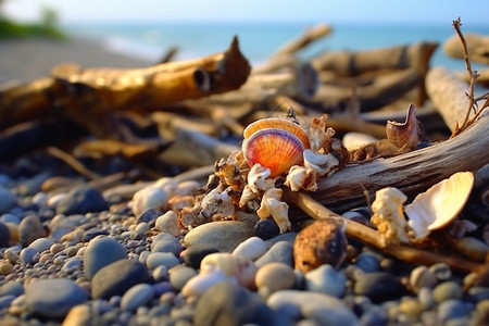 海滩上的枯木与贝壳背景图片