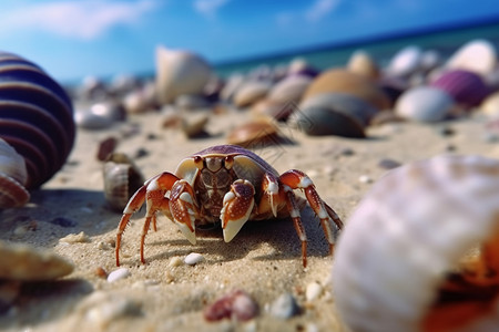 海边寄居蟹螃蟹沙滩与贝壳背景