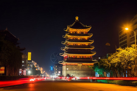 中国古城建筑夜景背景图片