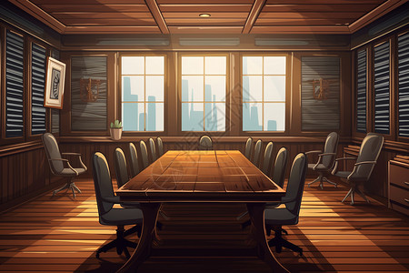 深色木墙百叶窗和深色木桌的会议室插画