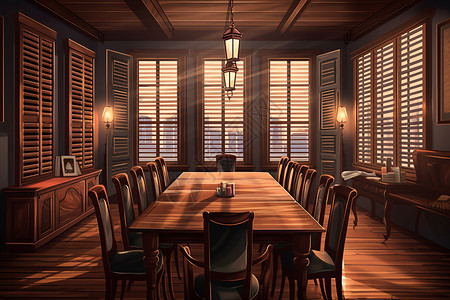 会议室百叶窗和深色木桌背景图片