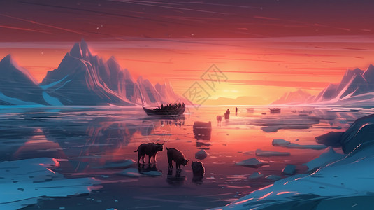冰川中的雪橇犬图片