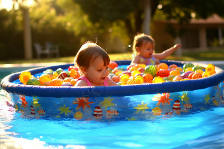 孩子在泳池中玩耍背景图片
