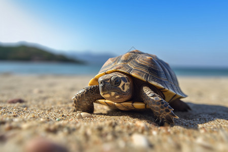 宠物龟小海龟在沙滩上爬行背景