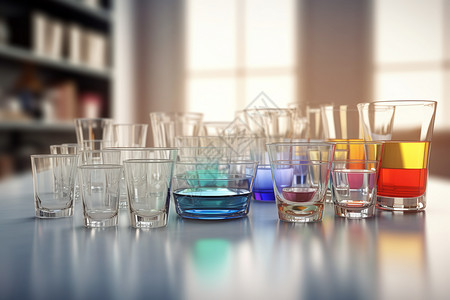 平面插图风格各种彩色玻璃器皿的实验台背景
