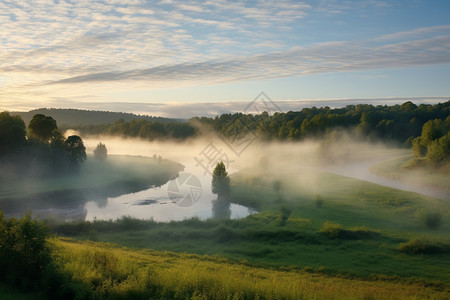 云雾缭绕的森林河流景观图片