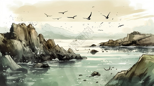 一群岩石海边上空盘旋着海鸥插画