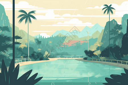 绿洲景色露天游泳池的景色插画