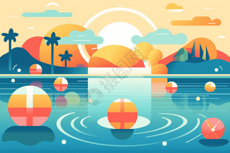 沙滩彩色清新的泳池场景插画