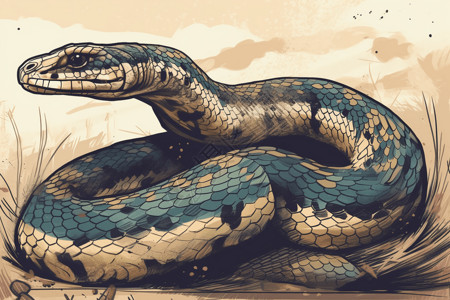 野生动物岩石盘绕的蛇插画