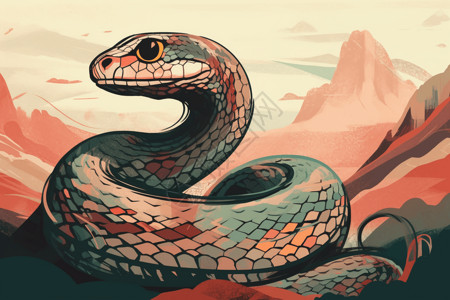 野生动物岩石盘绕沙漠的蛇插画