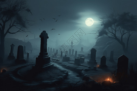 幽灵墓地夜晚背景图片
